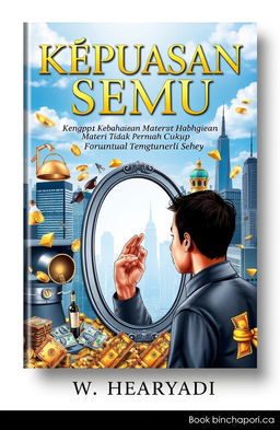 A visually striking book cover for "Kepuasan Semu: Mengapa Kebahagiaan Materi Tidak Pernah Cukup" by W