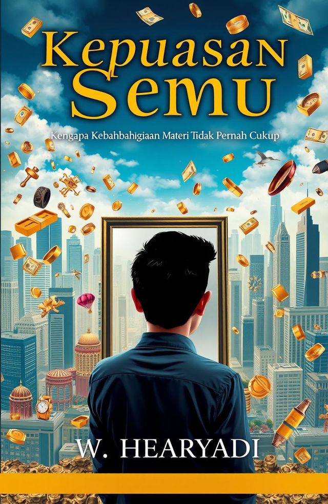 A visually striking book cover for "Kepuasan Semu: Mengapa Kebahagiaan Materi Tidak Pernah Cukup" by W