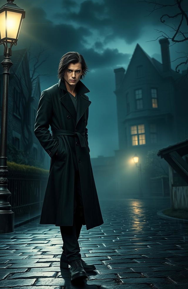 A mystical and ominous scene from a dark romance thriller novel, featuring a brooding male protagonist with piercing eyes and tousled black hair, clad in a long, dark trench coat