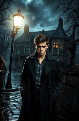 A mystical and ominous scene from a dark romance thriller novel, featuring a brooding male protagonist with piercing eyes and tousled black hair, clad in a long, dark trench coat