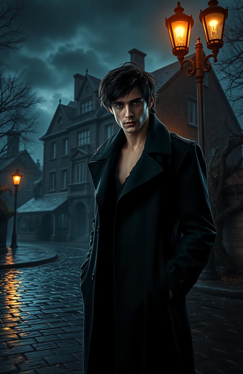 A mystical and ominous scene from a dark romance thriller novel, featuring a brooding male protagonist with piercing eyes and tousled black hair, clad in a long, dark trench coat