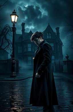A mystical and ominous scene from a dark romance thriller novel, featuring a brooding male protagonist with piercing eyes and tousled black hair, clad in a long, dark trench coat