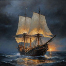 Una pintura al óleo, hacer un galeón Español de madera altamente detallado, con sus filas de cañones en los laterales, con varias velas desplegadas en un mar picado, tormentoso y dramático, con cielo nocturno, lluviosos, rayos y relámpagos, enredado su casco con tentáculos de un gran pulpo