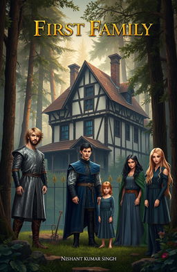 In a medieval forest setting, an enchanting old house stands majestically amidst tall, lush trees