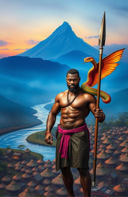 At dusk, a dramatic scene unfolds at the top of the canvas featuring a river bank with a tall mountain peak rising majestically in the background