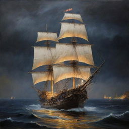 Una pintura al óleo, hacer un galeón Español de madera altamente detallado, con sus filas de cañones en los laterales, con varias velas desplegadas en un mar picado, tormentoso y dramático, con cielo nocturno, lluviosos, rayos y relámpagos, enredado su casco con tentáculos de un gran pulpo