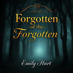 A captivating book front cover design featuring a mysterious, dark forest with a foggy atmosphere, towering ancient trees, and a subtle path leading into the depths