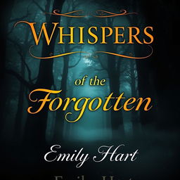 A captivating book front cover design featuring a mysterious, dark forest with a foggy atmosphere, towering ancient trees, and a subtle path leading into the depths