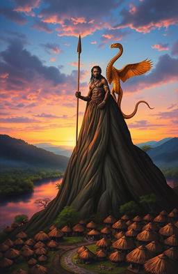At dusk, a dramatic scene unfolds at the top of the canvas featuring a lush river bank leading to a tall peak