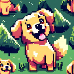 Pixel art PFP of a lively Golden Retriever with a golden coat, bright blue eyes, and a joyful expression against a gradient forest green background