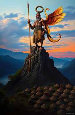 At dusk, a dramatic scene unfolds at the top of the canvas featuring a lush river bank leading to a tall peak