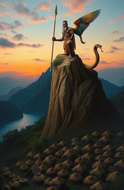 At dusk, a dramatic scene unfolds at the top of the canvas featuring a lush river bank leading to a tall peak
