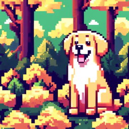 Pixel art PFP of a lively Golden Retriever with a golden coat, bright blue eyes, and a joyful expression against a gradient forest green background