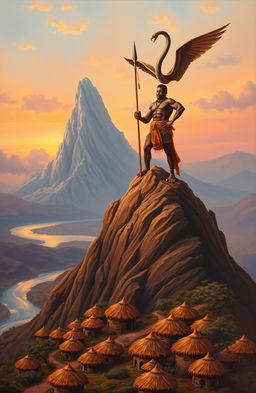 At dusk, a dramatic scene unfolds at the top of the canvas where a tall, rugged peak meets the sky