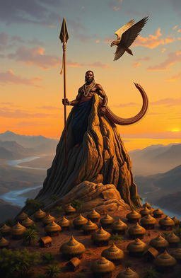 At dusk, a dramatic scene unfolds at the top of the canvas where a tall, rugged peak meets the sky