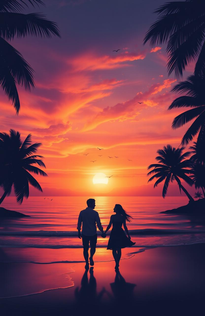 An enchanting scene depicting a romantic sunset on a tranquil beach, where two silhouettes are walking hand in hand along the shoreline