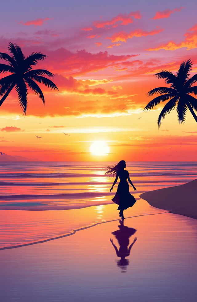 An enchanting scene depicting a romantic sunset on a tranquil beach, where two silhouettes are walking hand in hand along the shoreline