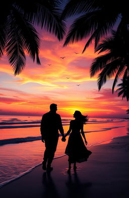 An enchanting scene depicting a romantic sunset on a tranquil beach, where two silhouettes are walking hand in hand along the shoreline