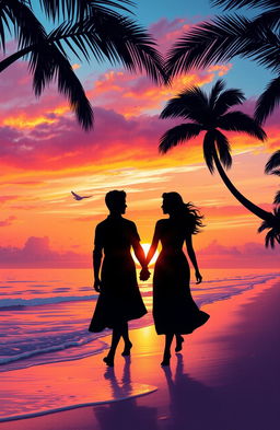 An enchanting scene depicting a romantic sunset on a tranquil beach, where two silhouettes are walking hand in hand along the shoreline