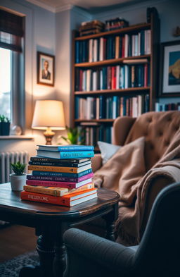 A collection of colorful books stacked on a wooden table in a cozy reading nook, with a warm blanket draped over the armchair