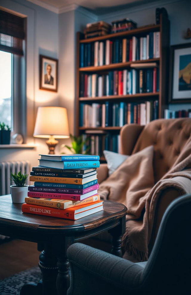 A collection of colorful books stacked on a wooden table in a cozy reading nook, with a warm blanket draped over the armchair