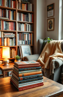 A collection of colorful books stacked on a wooden table in a cozy reading nook, with a warm blanket draped over the armchair