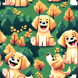 Pixel art PFP of a lively Golden Retriever with a golden coat, bright blue eyes, and a joyful expression against a gradient forest green background