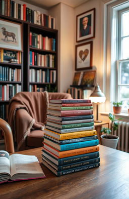 A collection of colorful books stacked on a wooden table in a cozy reading nook, with a warm blanket draped over the armchair