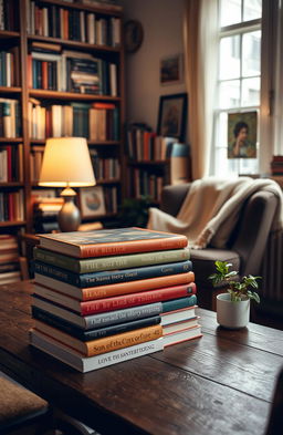 A collection of colorful books stacked on a wooden table in a cozy reading nook, with a warm blanket draped over the armchair