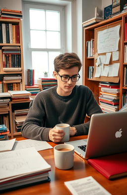A student with a focused expression, deeply engaged in a research project, surrounded by an array of books, papers, and a laptop with graphs and data on the screen