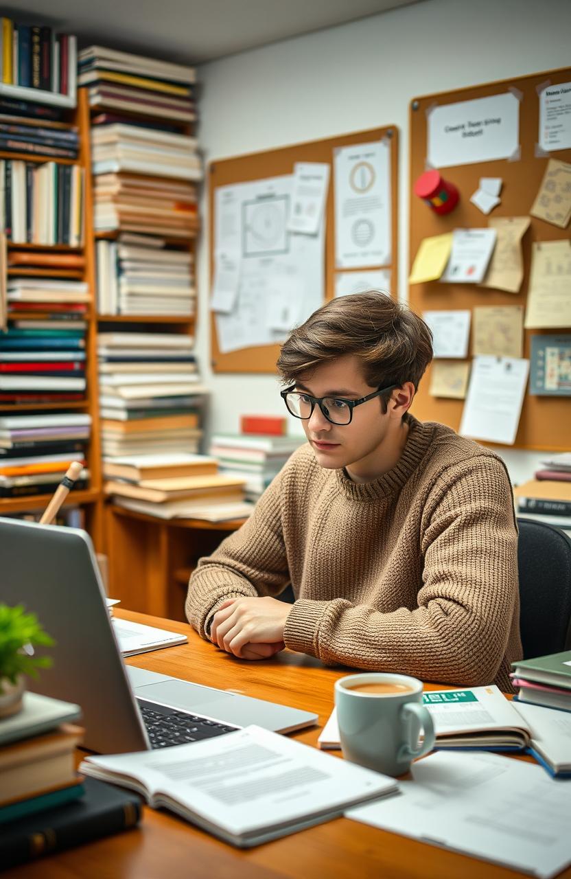 A student with a focused expression, deeply engaged in a research project, surrounded by an array of books, papers, and a laptop with graphs and data on the screen