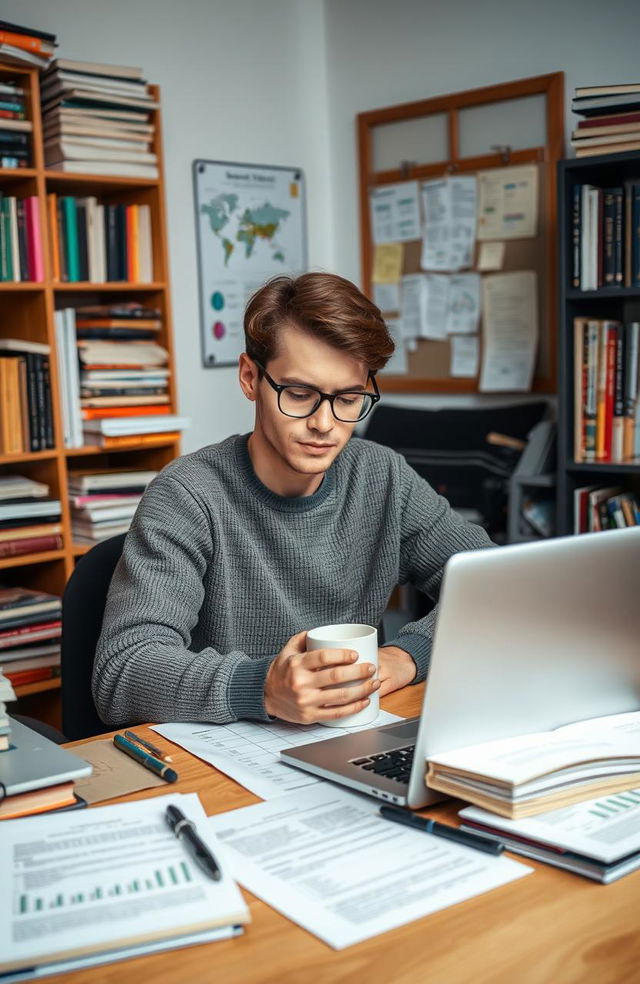 A student with a focused expression, deeply engaged in a research project, surrounded by an array of books, papers, and a laptop with graphs and data on the screen