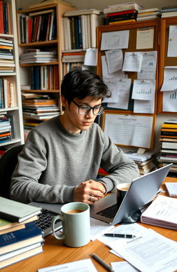 A student with a focused expression, deeply engaged in a research project, surrounded by an array of books, papers, and a laptop with graphs and data on the screen