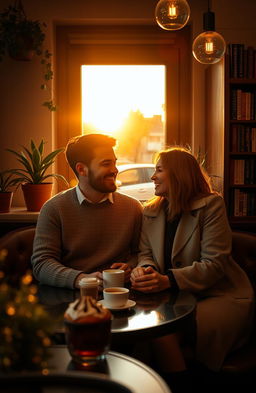 A romantic scene featuring two people, a man and a woman, sitting together in a cozy café during sunset