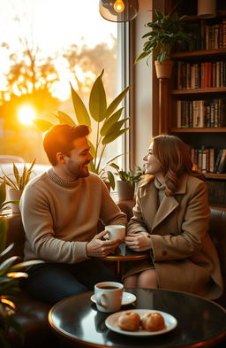 A romantic scene featuring two people, a man and a woman, sitting together in a cozy café during sunset