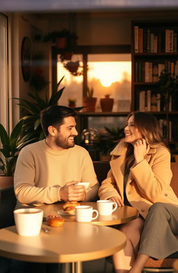 A romantic scene featuring two people, a man and a woman, sitting together in a cozy café during sunset