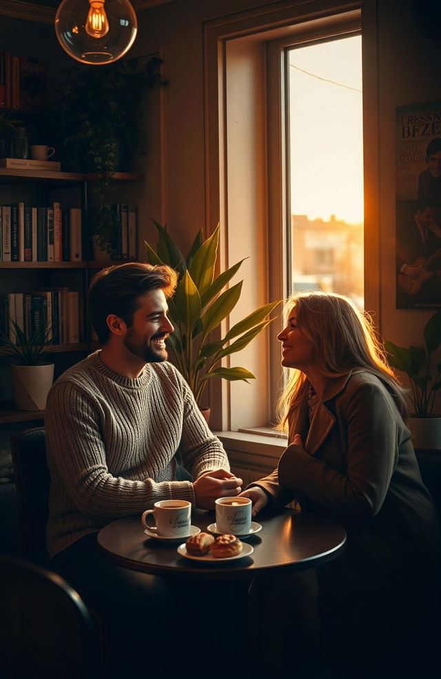 A romantic scene featuring two people, a man and a woman, sitting together in a cozy café during sunset