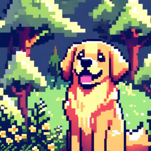 Pixel art PFP of a lively Golden Retriever with a golden coat, bright blue eyes, and a joyful expression against a gradient forest green background