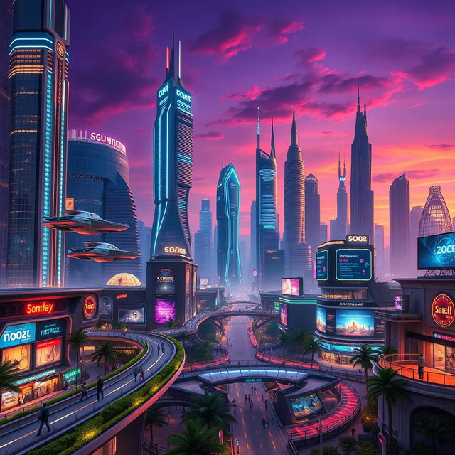 A stunningly futuristic cityscape at dusk, showcasing towering skyscrapers with neon lights illuminating the streets