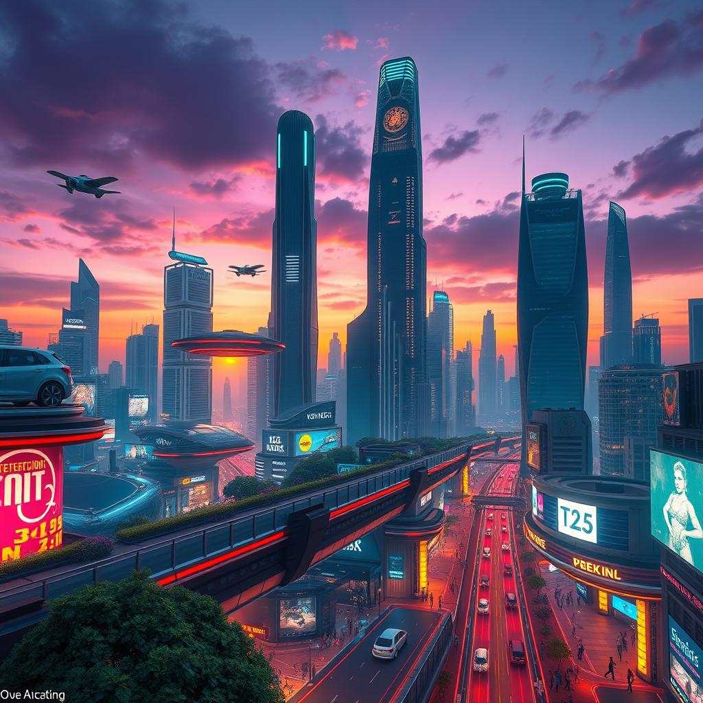 A stunningly futuristic cityscape at dusk, showcasing towering skyscrapers with neon lights illuminating the streets