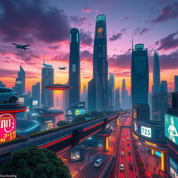 A stunningly futuristic cityscape at dusk, showcasing towering skyscrapers with neon lights illuminating the streets