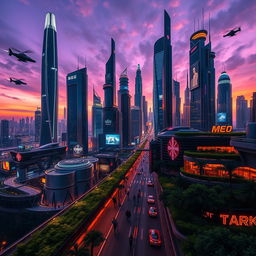 A stunningly futuristic cityscape at dusk, showcasing towering skyscrapers with neon lights illuminating the streets