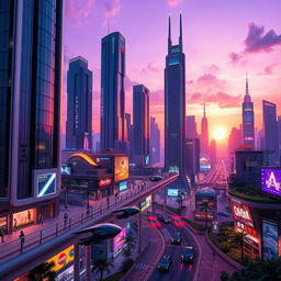 A stunningly futuristic cityscape at dusk, showcasing towering skyscrapers with neon lights illuminating the streets