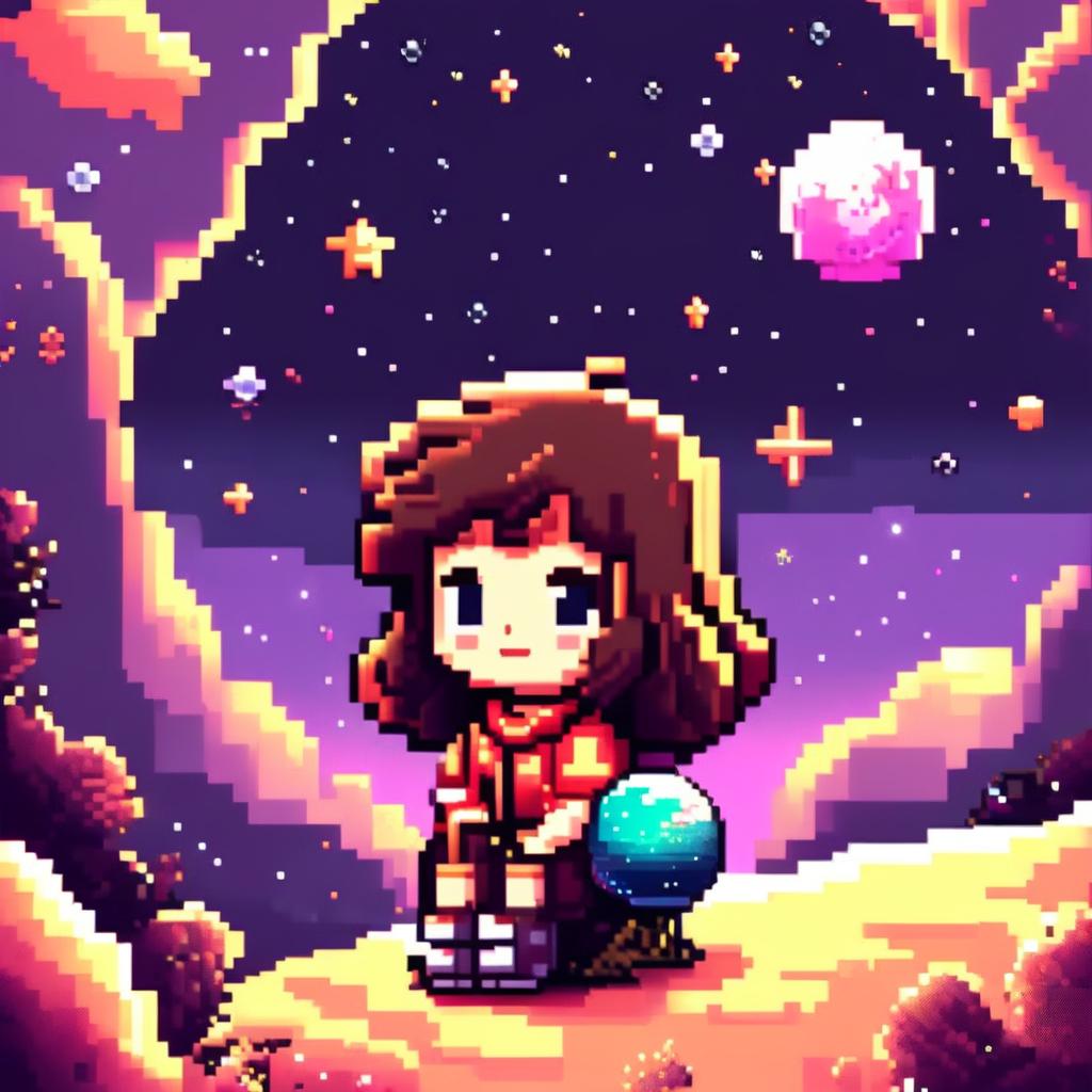 Pixel art profile picture featuring a cosmic space scene with the Milky Way, a star-studded backdrop, and a detailed planet.