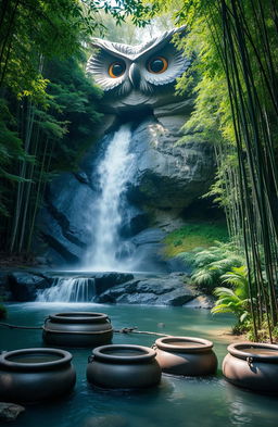 A serene river flowing gracefully between lush green trees and tall bamboos