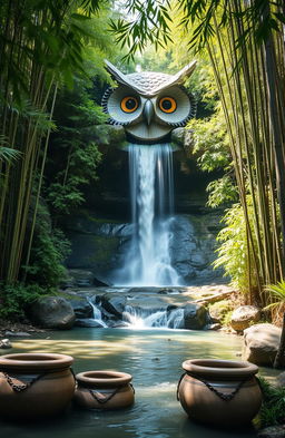 A serene river flowing gracefully between lush green trees and tall bamboos