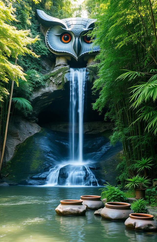 A serene river flowing gracefully between lush green trees and tall bamboos