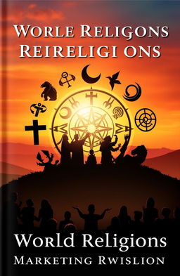 An artistic cover design that captures the essence of various world religions, symbolizing the birth of religions through harmonious imagery
