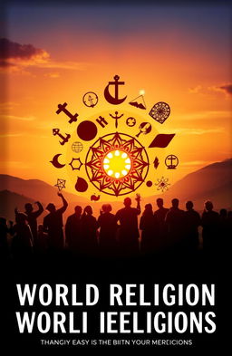 An artistic cover design that captures the essence of various world religions, symbolizing the birth of religions through harmonious imagery