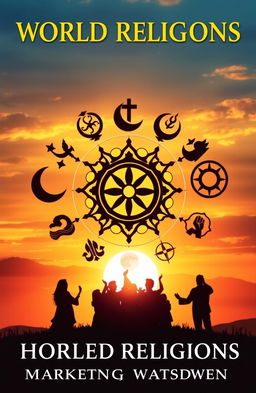 An artistic cover design that captures the essence of various world religions, symbolizing the birth of religions through harmonious imagery